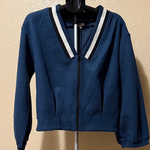 Voy Jackets & Blazers - VOY BLUE Zip-Up Jacket with Striped Collar​